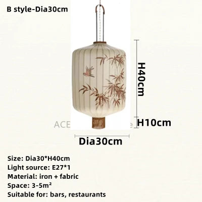 New Chinese Fabric Lantern Lamp For Restaurant Living Room Retro Hotel Homestay Balcony Hand Drawn Pattern Chandelier Free Bulb