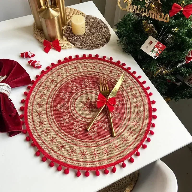 Jute Table Mats Christmas Woven Placemat Ins Printed Hairball Thermal Insulation Mat Retro Cotton and Linen Decorative Mat