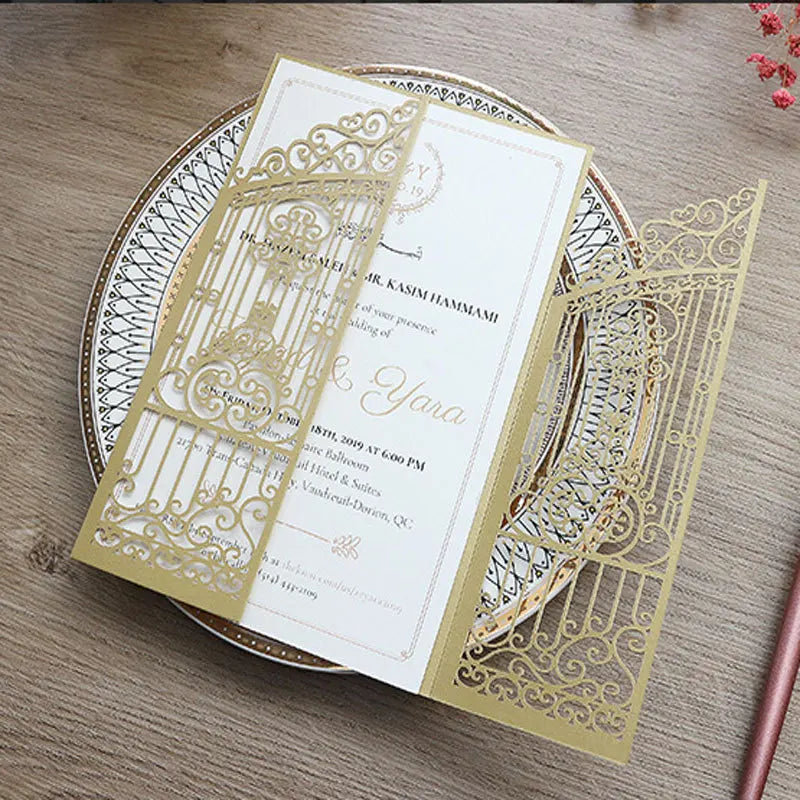 10 Pieces Laser Cut Wedding Gate Love Door Invitation Card Black Pink Gold Engagement Party Greeting Invitations IC165