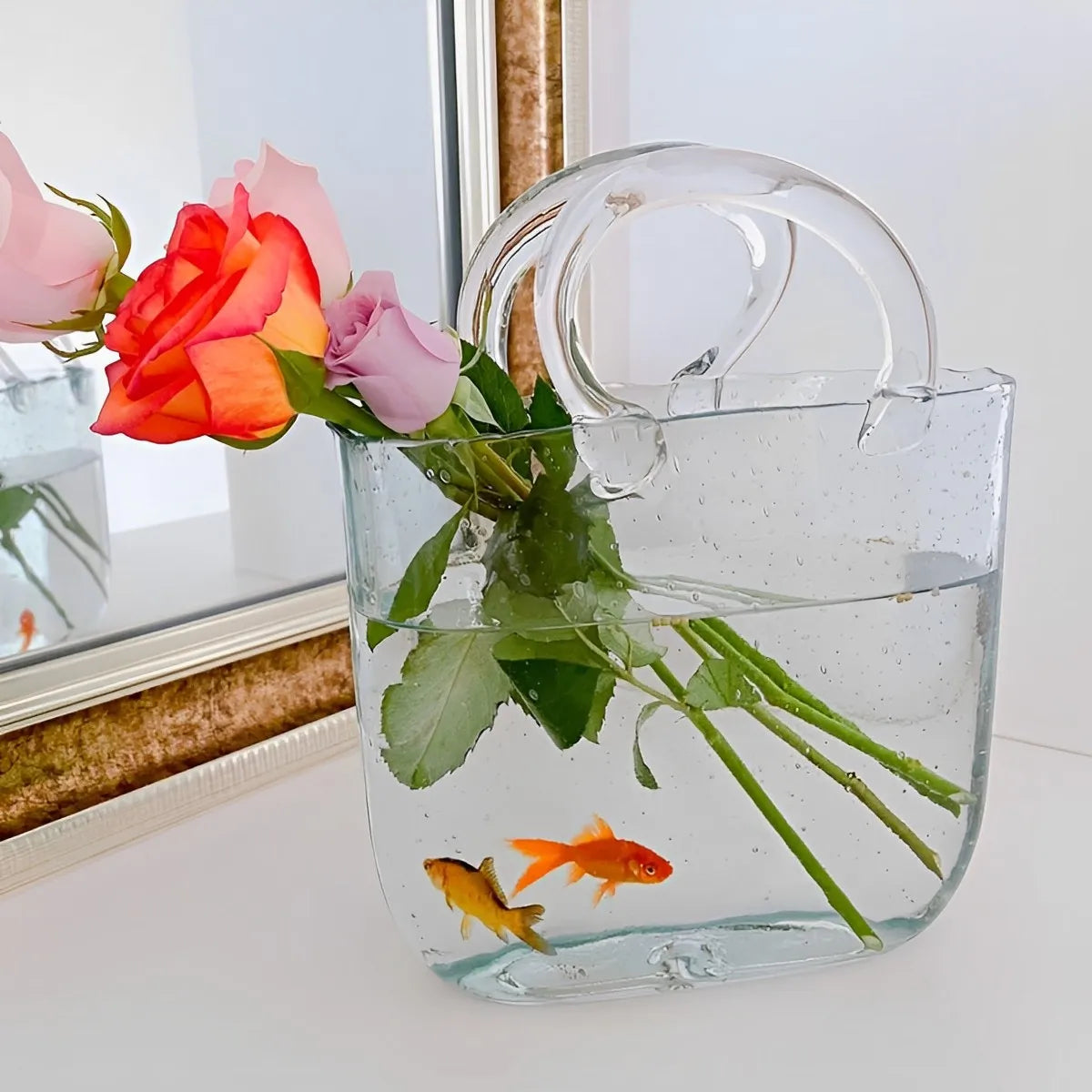 Clear Glass Vase Fish Tank Tote Bag Flower Handbag Bag Vase Desktop Centerpiece for School Office Bedroom Decoration