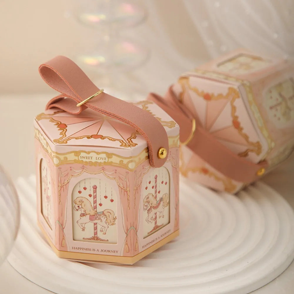 Wedding Carousel Gift Box Decoration Leather Handle Birthday Wedding with Hand Gift Paper Handheld Gift Bag