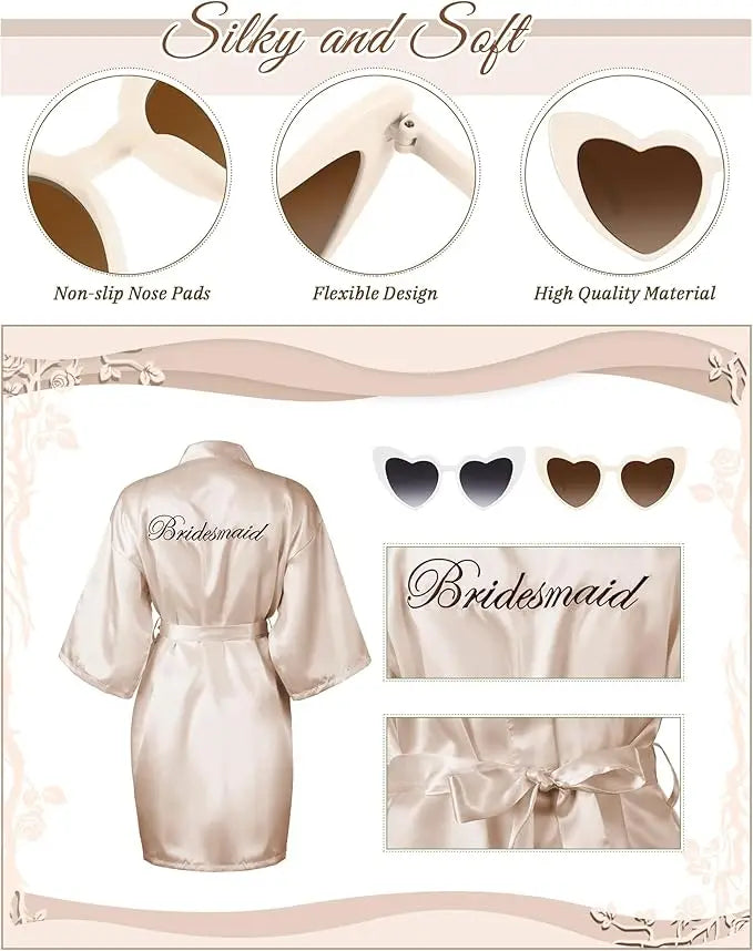7 Pcs Bride Bridesmaid Robe Sets for Wedding Bridal Party Satin Robes Maid of Honor Robe with Heart Shaped Sunglasses