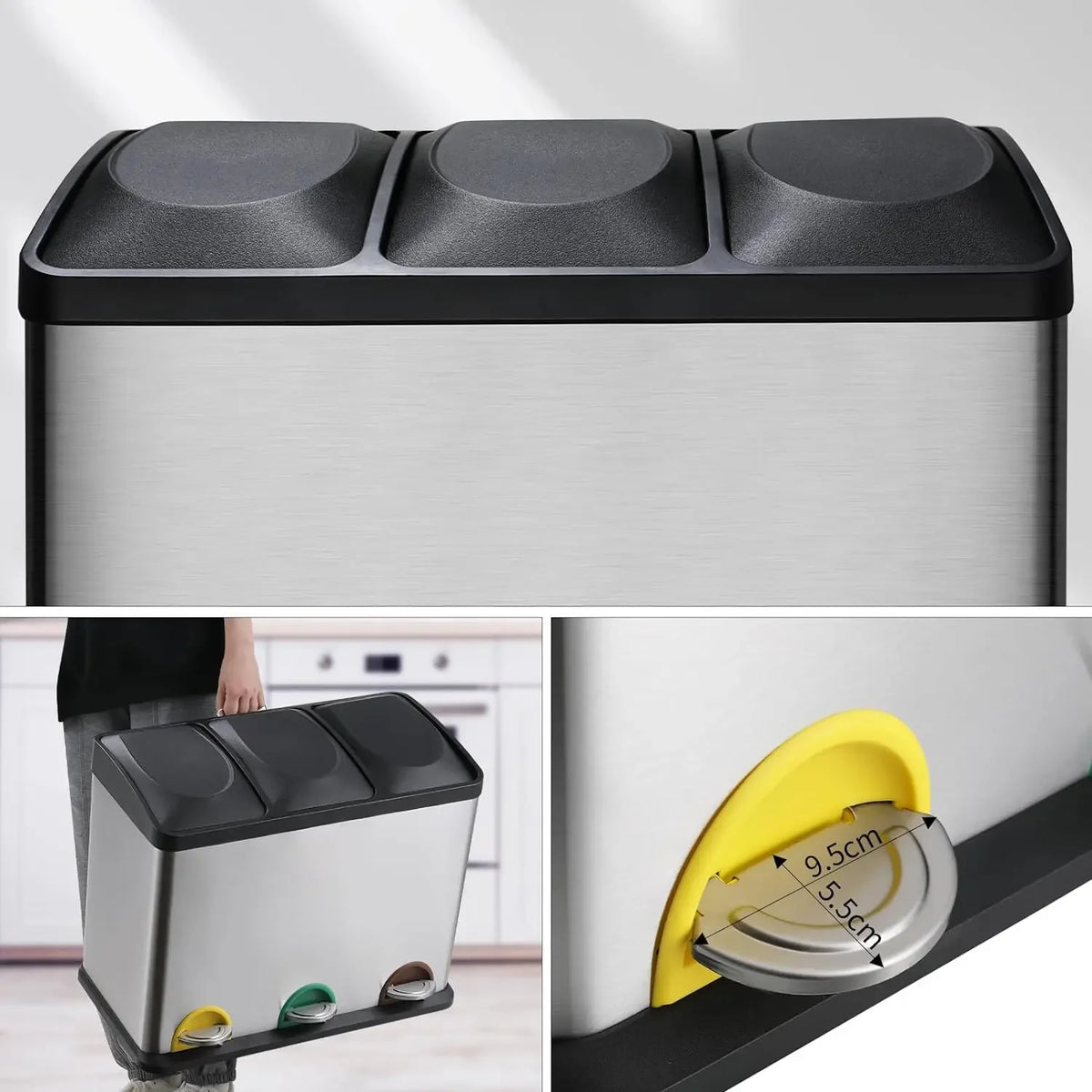 15/45L Rectangular Kitchen Pedal Bin,Stainless Steel Strong Pedal, Silent Soft Close Lid, Stay-Open Lid, Non-Skid Base In Bucket
