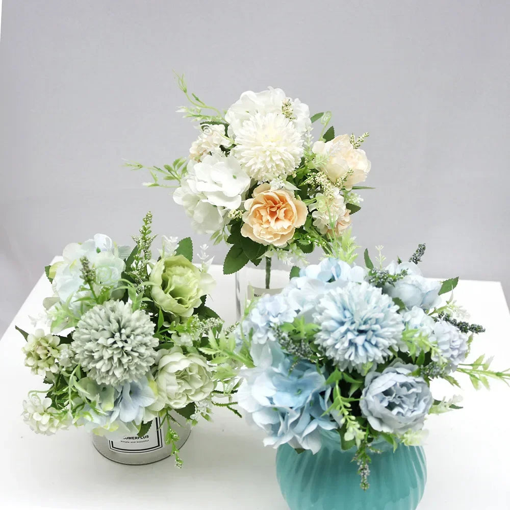 7 Heads Hydrangea Flowers Artificial Bouquet Silk Blooming Fake Peony Bridal Hand Flower Roses Wedding Centerpieces Decor