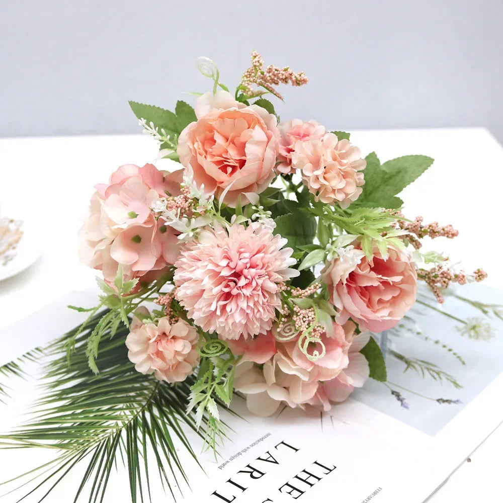 7 Heads Hydrangea Flowers Artificial Bouquet Silk Blooming Fake Peony Bridal Hand Flower Roses Wedding Centerpieces Decor