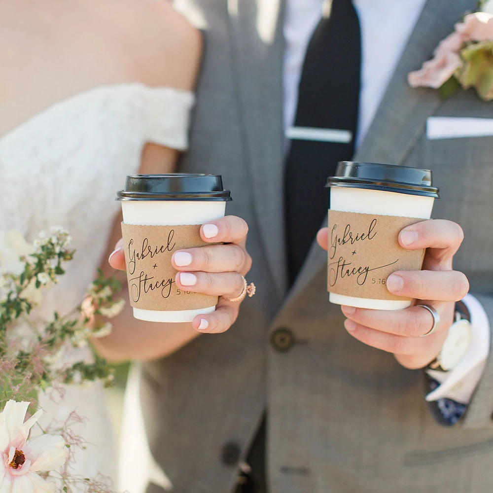 Personalized Disposable Ice Coffee Cup Sleeves Wedding Party Heat-Insulated Cup Holder Bar Reception Corrugated Paper Cup Cover