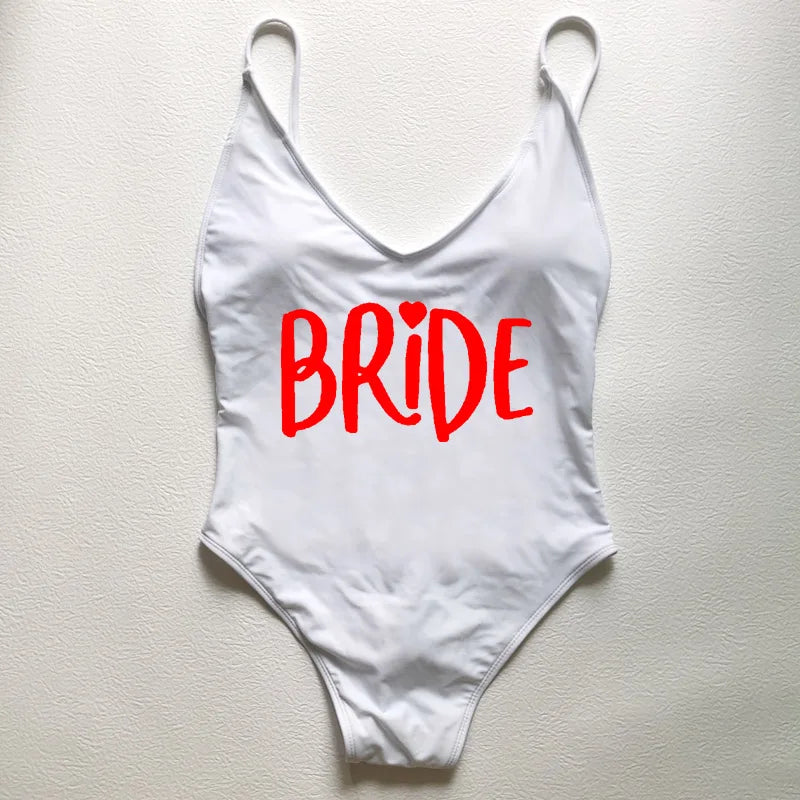 Sexy Padded Swimwear Women Team Bride Love Print One Piece Swimsuit Summer Bathing Suit Bachelor Party Beachwear backless bikini