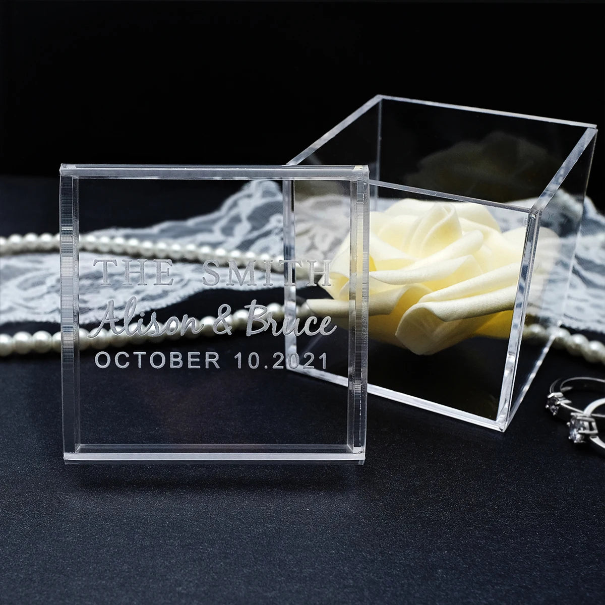 Personalized Clear Acrylic Ring Box, Custom Wedding Rings Box, Engraved Names, Ring Holder, Wedding Ring Bearer