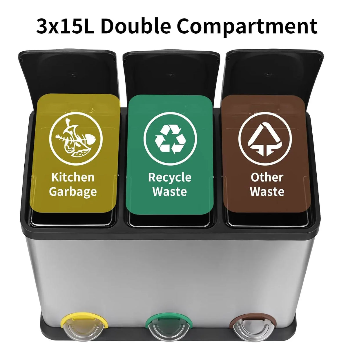 15/45L Rectangular Kitchen Pedal Bin,Stainless Steel Strong Pedal, Silent Soft Close Lid, Stay-Open Lid, Non-Skid Base In Bucket