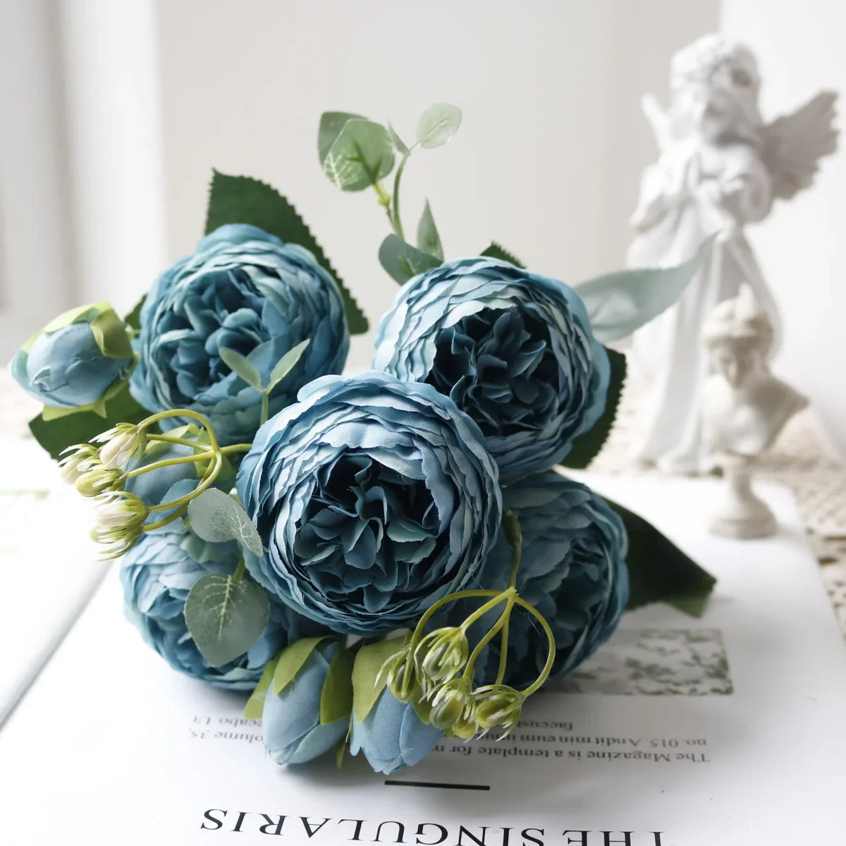 30cm Rose White Peony Artificial Flowers Bouquet 5 Big Head and 4 Bud Cheap Fake Flowers for Home Wedding Decoration Indoor