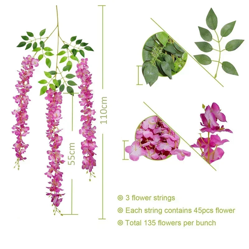 Wisteria Vine Artificial Flowers Wholesale 110cm Trailing Fake Flower String for Home Wedding Party Decor Silk Wisteria Garland