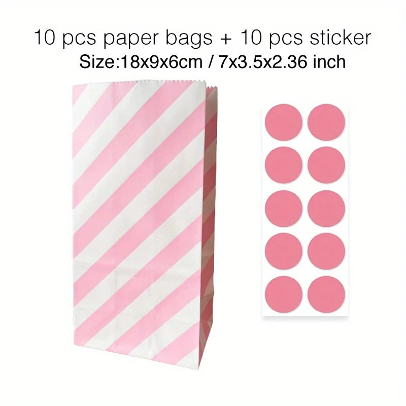 10 pcs Colorful Solid Stripe and Polka Dot Stand-Up Bags with Stickers - 18x9x6cm Favor Gift Packing Treat Bags for Wedding