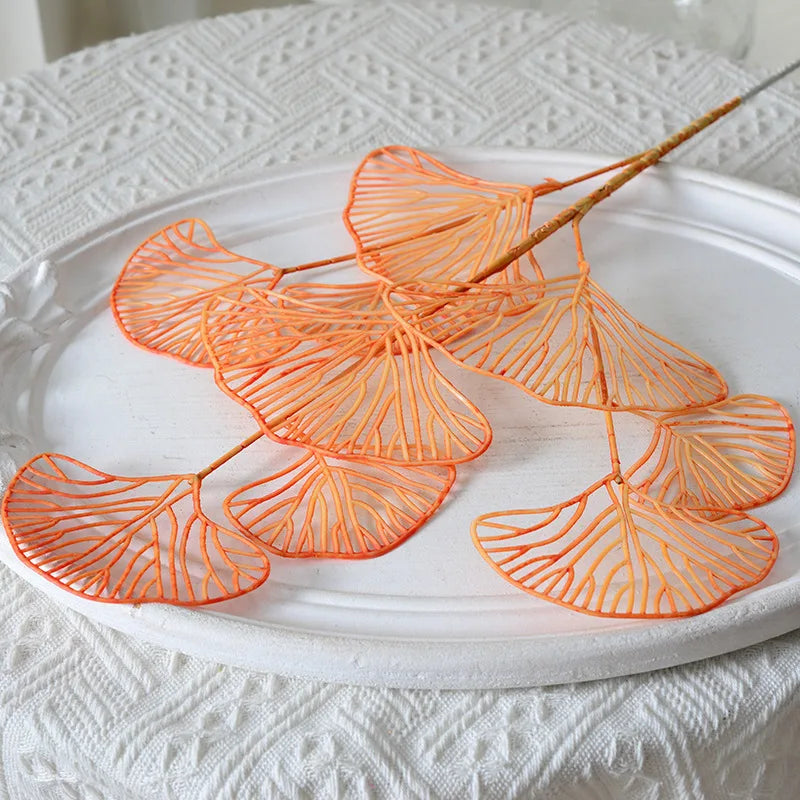 1/2/5pcs Three-pronged Fan Leaf Netting Artificial Gold Ginkgo Eucalyptus Holly For Wedding Arch Flower Arrangement Home Decor
