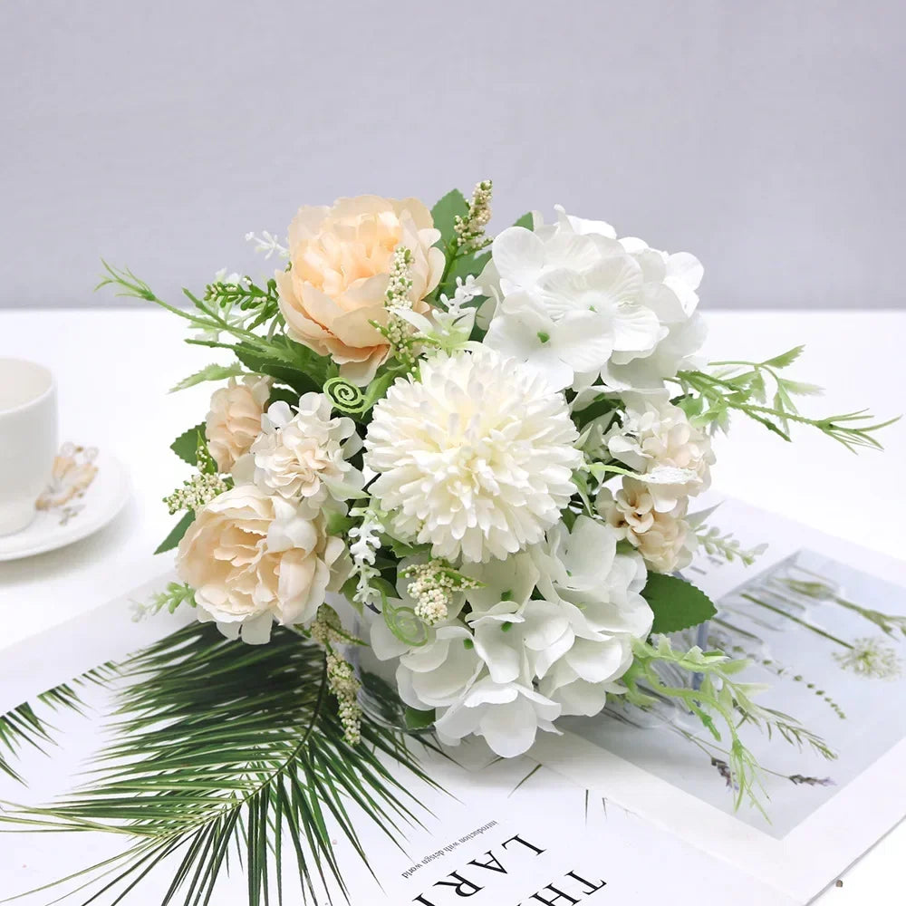 7 Heads Hydrangea Flowers Artificial Bouquet Silk Blooming Fake Peony Bridal Hand Flower Roses Wedding Centerpieces Decor