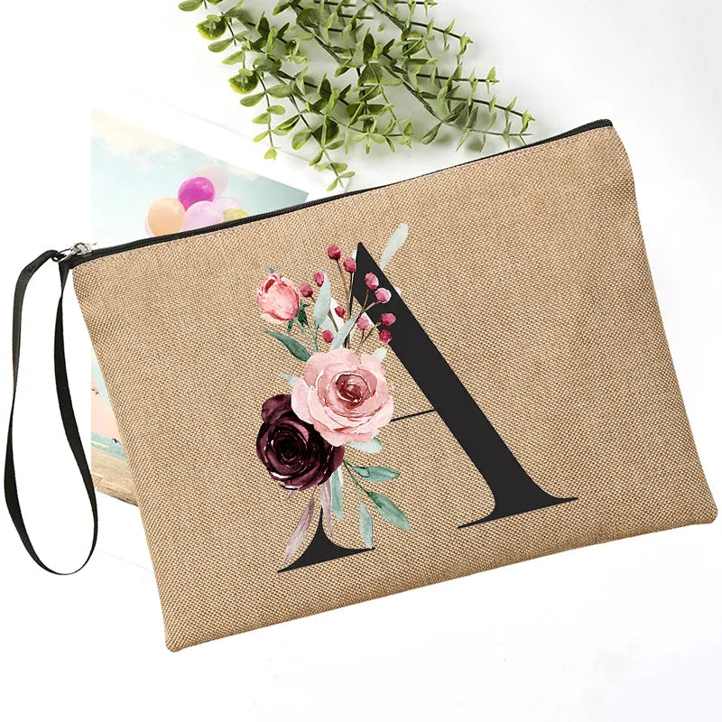 Letter Font Clutch Custom Name Letter Flower Combination Linen Lipstick Bag Travel Organizer Case Simple Wristlet Clutch Bag