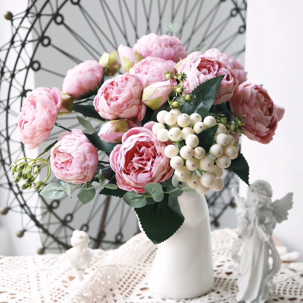 30cm Rose White Peony Artificial Flowers Bouquet 5 Big Head and 4 Bud Cheap Fake Flowers for Home Wedding Decoration Indoor