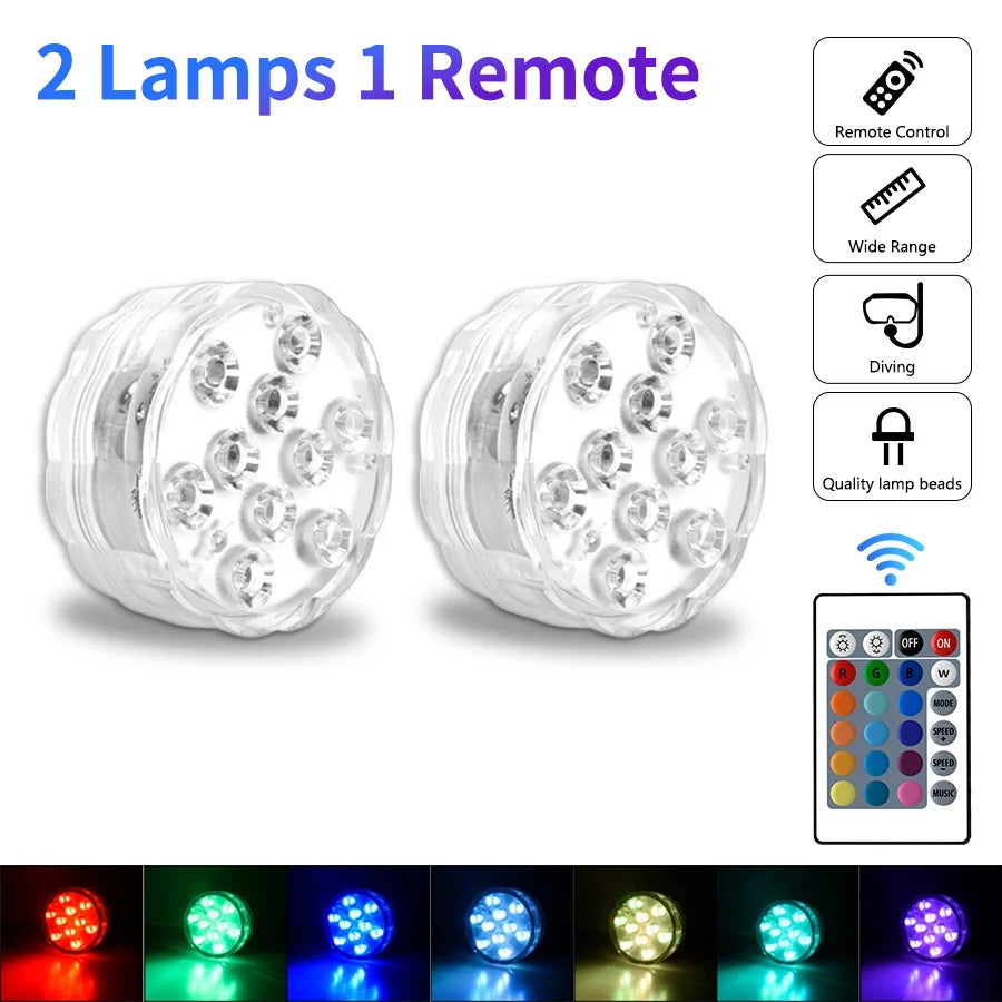 10 LEDs RGB Submersible Light Underwater Lamp Battery Operated Garden Swimming Pool Light for Wedding Party Aquarium Vase Bowl