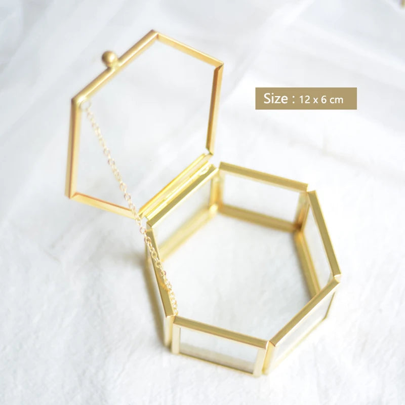 Custom Glass Ring Box Wedding Engagement Decor Gold Hexagon/Rectangle Ring Box Jewelry Storage Ring Bearer Box DIY Gift