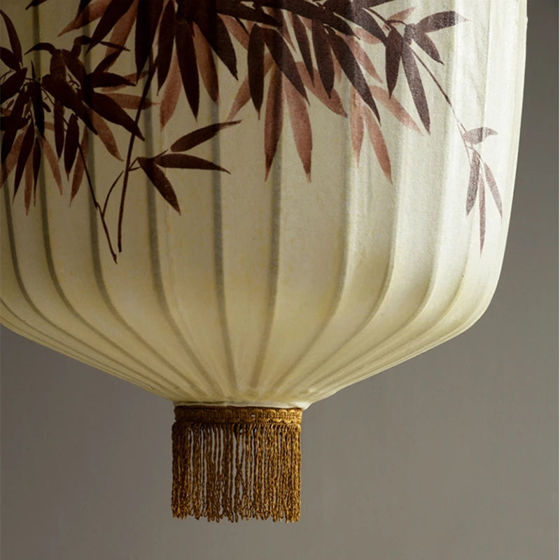 New Chinese Fabric Lantern Lamp For Restaurant Living Room Retro Hotel Homestay Balcony Hand Drawn Pattern Chandelier Free Bulb