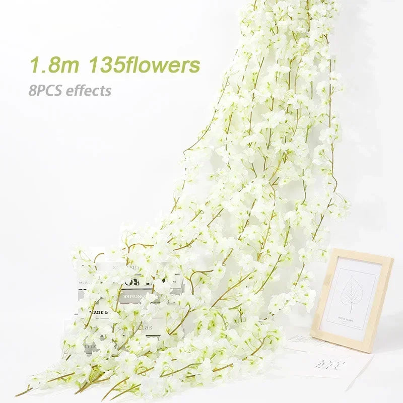 Artificial Flowers Cherry Blossoms Vines Silk Flowers Sakura Rattan Christmas Ornament Hanging Garland Wedding Home Decoration