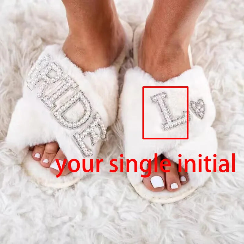 Custom Personalized bride Fluffy Pearls letter Slippers Bridal Shower Wedding day Bachelorette hen night Party decoration Gift