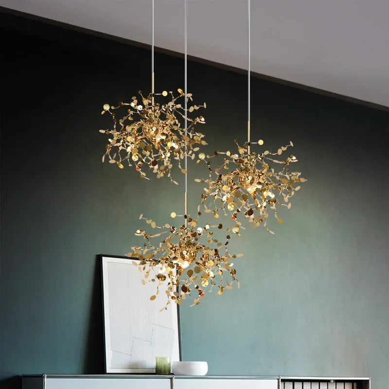 Nordic Modern Personality Stainless Steel Chrome Leaf LED Chandelier Living Room Lamp Bar Table Lamp Dining Room Chandelier