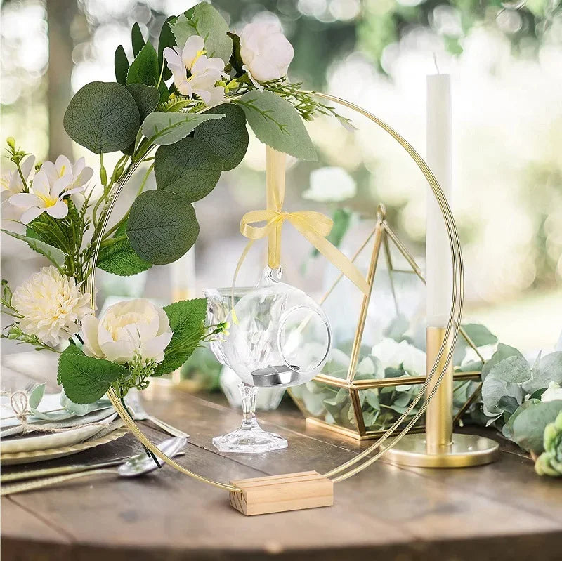 Gold Metal Flowers Hoop with Place Card Holder Wedding Table Centerpiece Decoration Christmas DIY Wreath Garland Decor