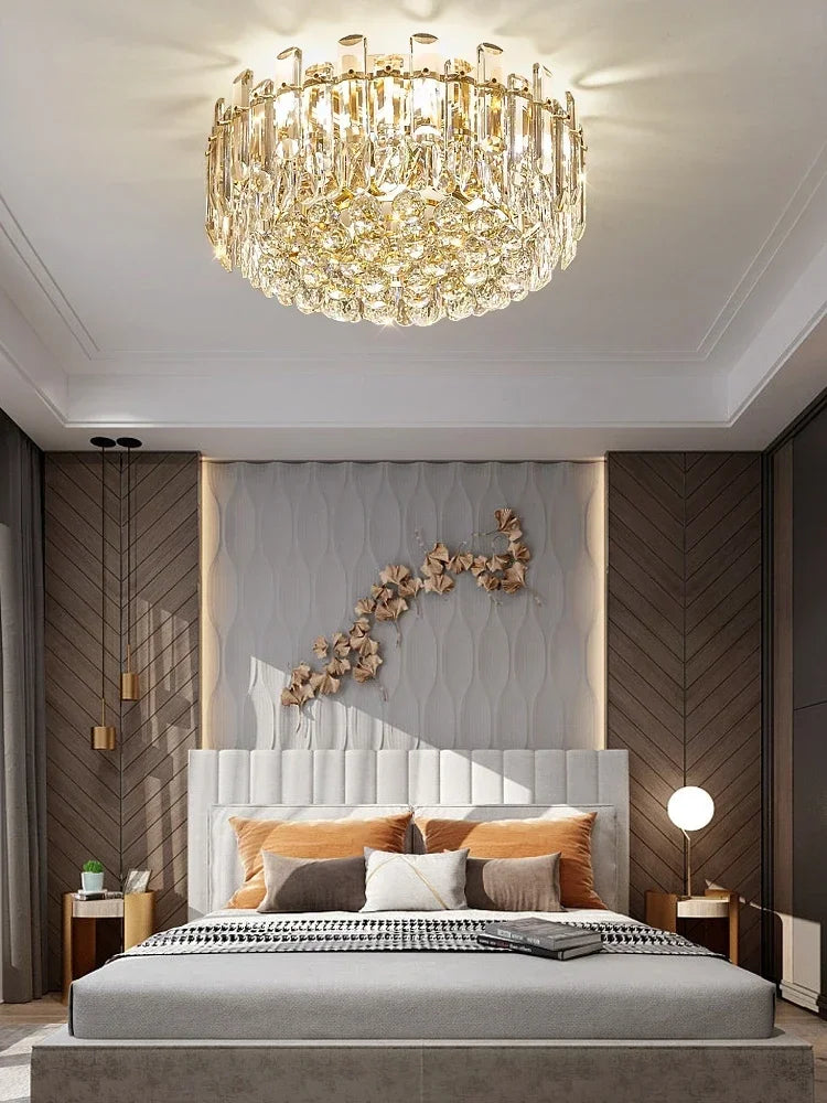 Modern Luxury Ceiling Lamp Smoke Clear Crystal Led Round Lighting for Living Room Bedroom Dining Room Gold Ceiling Chandelier