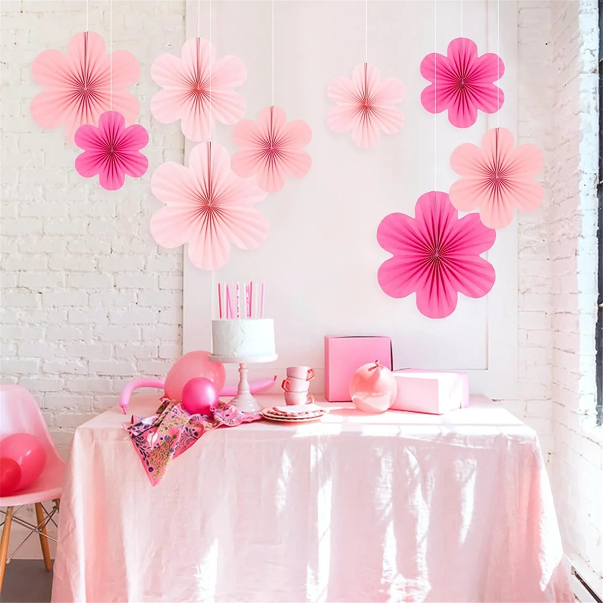 Pink Paper Fan Flower Set Party Decorations Paper Fans, Floral Pom Poms, and Garlands for Weddings, Birthdays