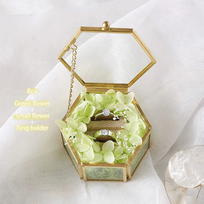 Custom Hexagonal Glass Ring Box Geometrical Clear Jewelry Storage Box Eternal Flower ring holder DIY Delicate Wedding Decoration