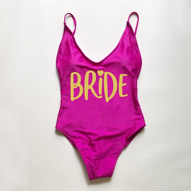 Sexy Padded Swimwear Women Team Bride Love Print One Piece Swimsuit Summer Bathing Suit Bachelor Party Beachwear backless bikini