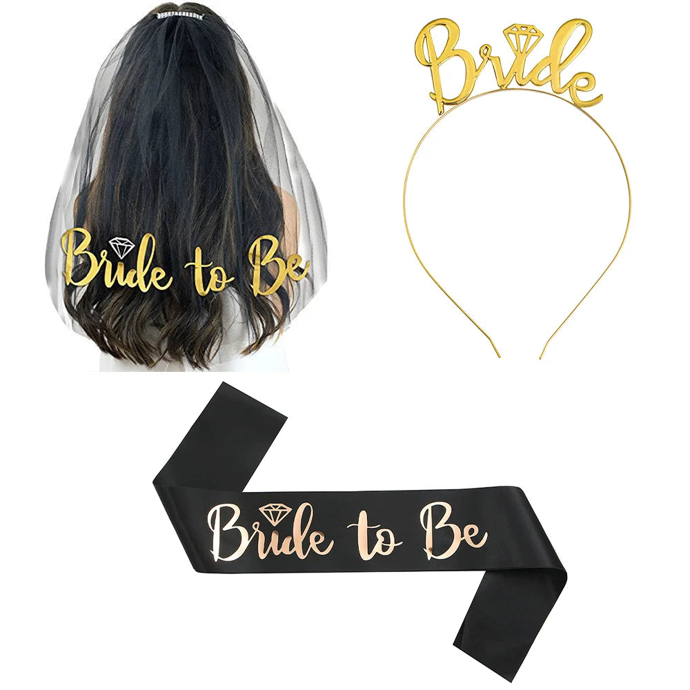 Wedding Party Set Rose Gold Bride to Be Bridal Shower Bridal Straps wedding veil headband hen night bachelorette party supplies