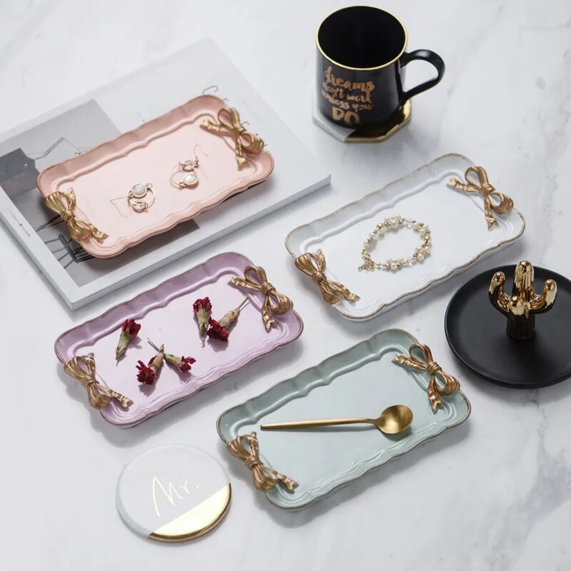 European Style Bow Resin Jewellery Storage Tray Decorative Dessert Plate Candy Dry Fruit Snack Dish Makeup Organizer Home Decor