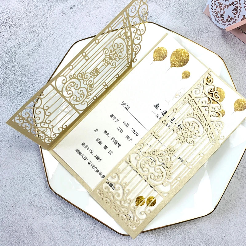 10 Pieces Laser Cut Wedding Gate Love Door Invitation Card Black Pink Gold Engagement Party Greeting Invitations IC165