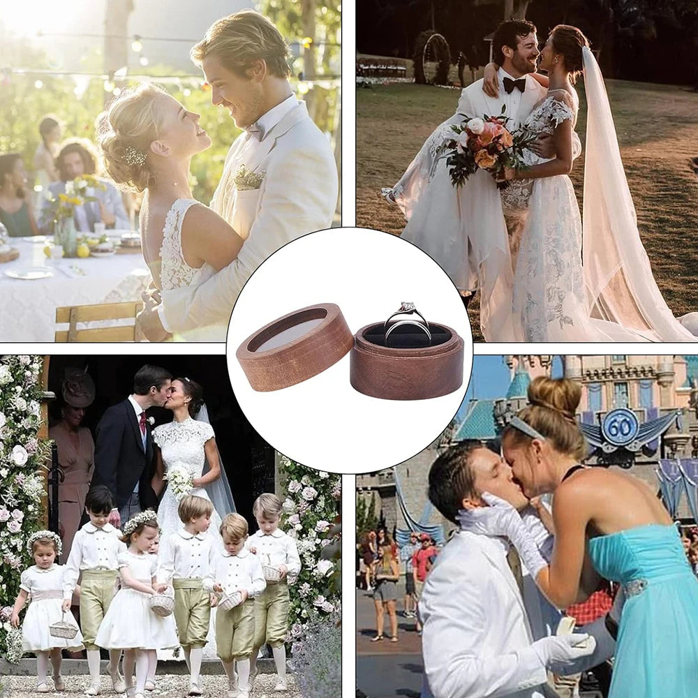 Personalized Wooden Wedding Ring Box with Clear Acrylic Cover, Custom Round Engagement Proposal Holder, Double Ring Bearer Box