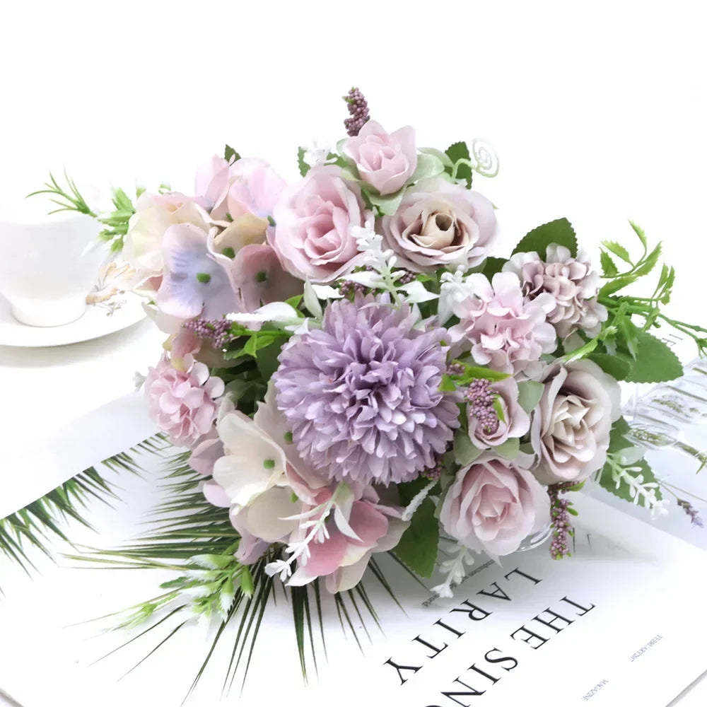 7 Heads Hydrangea Flowers Artificial Bouquet Silk Blooming Fake Peony Bridal Hand Flower Roses Wedding Centerpieces Decor