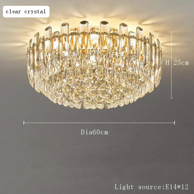 Modern Luxury Ceiling Lamp Smoke Clear Crystal Led Round Lighting for Living Room Bedroom Dining Room Gold Ceiling Chandelier
