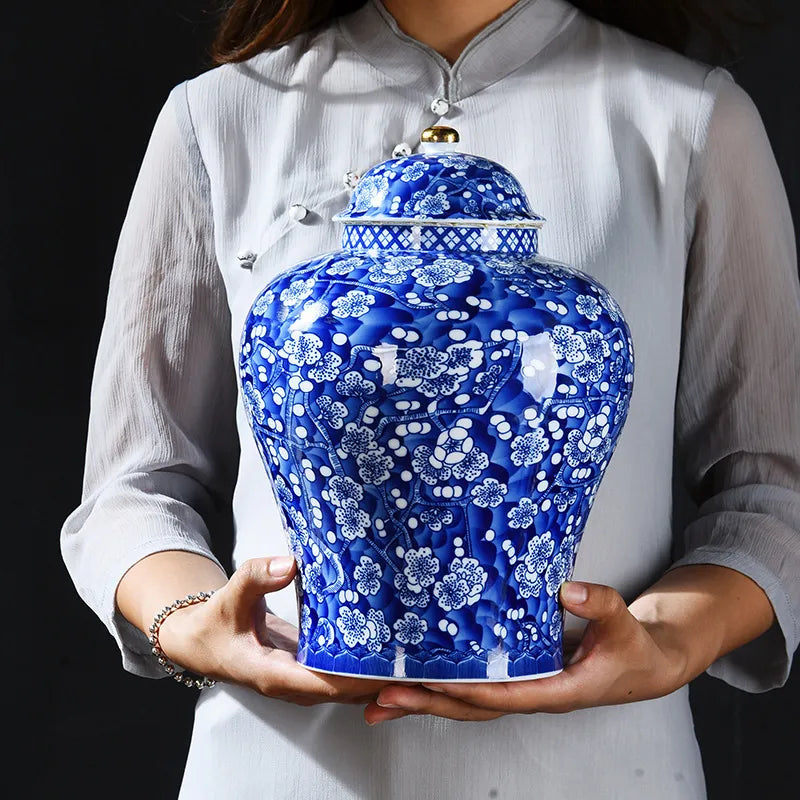 Blue and White Porcelain General Jar Ceramic Tea Pot Sealed Storage Tank Plum Ginger Jar Handicraft Ornaments Home Decoration