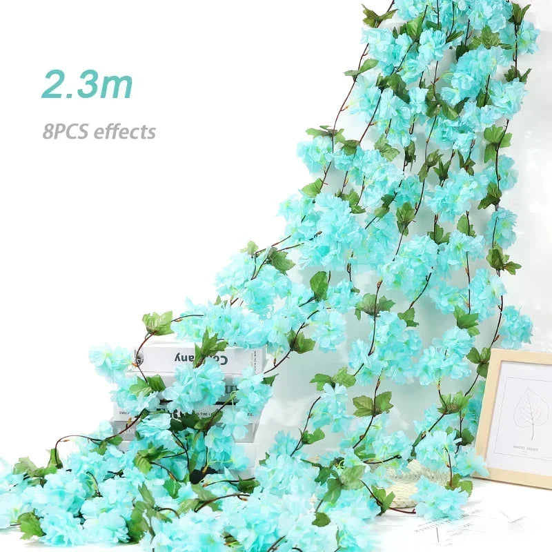 Artificial Flowers Cherry Blossoms Vines Silk Flowers Sakura Rattan Christmas Ornament Hanging Garland Wedding Home Decoration