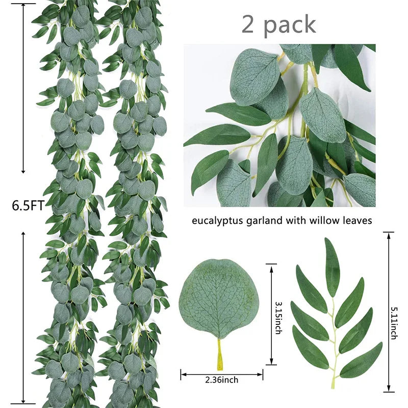 2M Artificial Eucalyptus Rattan Artificial Flower Wreath with Willow Leaves Fake Green Vine Fake Plant Wedding Home Decoration