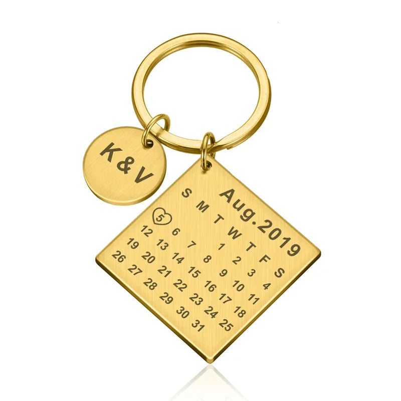 Personalized Stainless Steel Engraved Calendar Date Keychain Custom Keyring Gift For Wedding Anniversary Gift