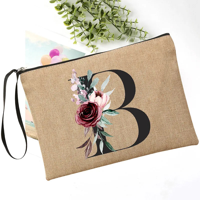 Letter Font Clutch Custom Name Letter Flower Combination Linen Lipstick Bag Travel Organizer Case Simple Wristlet Clutch Bag