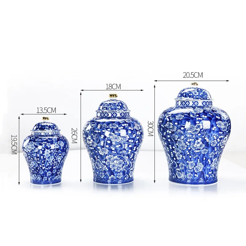 Blue and White Porcelain General Jar Ceramic Tea Pot Sealed Storage Tank Plum Ginger Jar Handicraft Ornaments Home Decoration