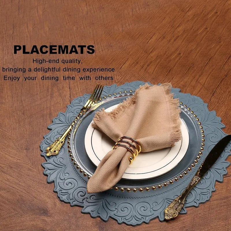 1/6/10PCS Round Kitchen Table Mat European Embossed Waterproof Faux Leather Round Table Placemats for Kitchen Dining Patio 식탁매트