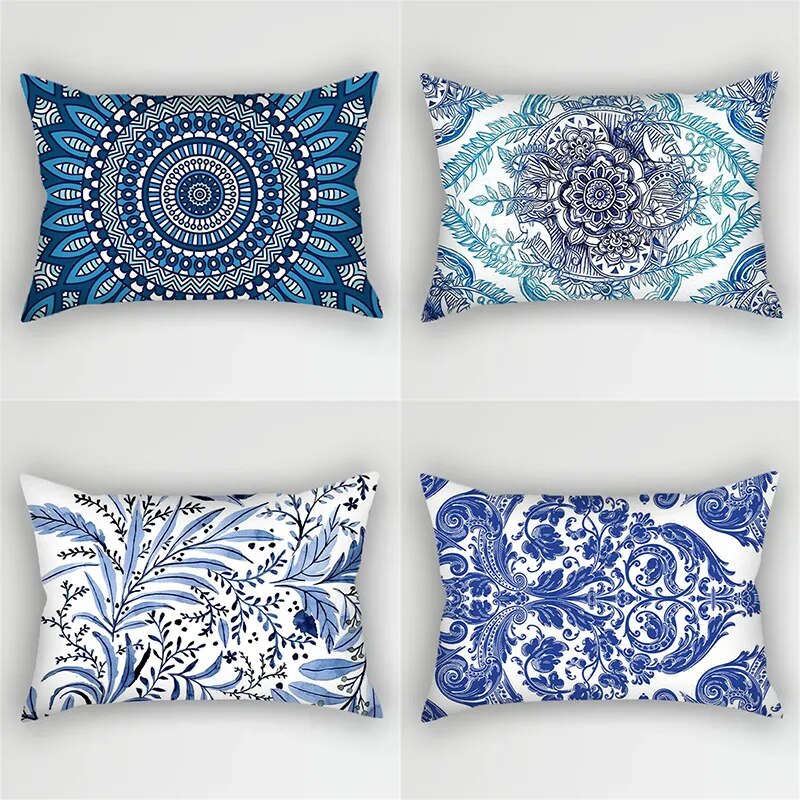 30x50cm Bohemia Blue Flower Polyester Pillowcase Retro Ink Leaves Plant Cushion Cover Sofa Lumbar Pillow Case Home Decoration