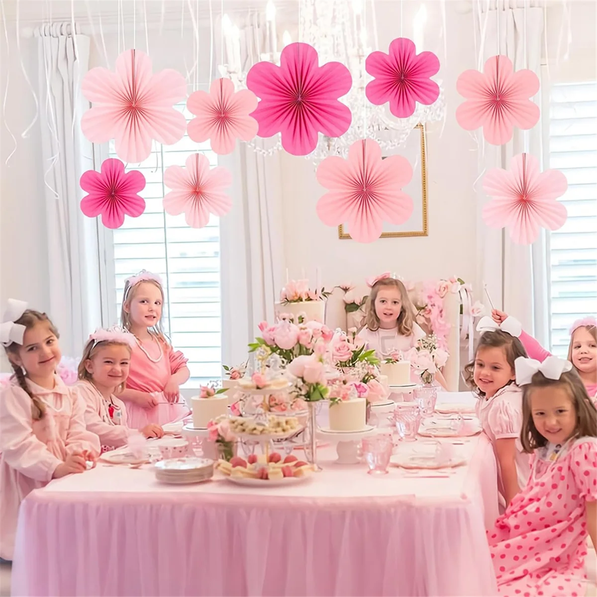 Pink Paper Fan Flower Set Party Decorations Paper Fans, Floral Pom Poms, and Garlands for Weddings, Birthdays
