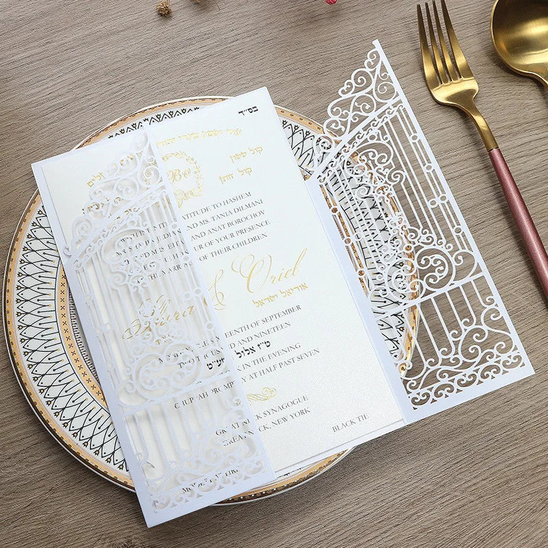 10 Pieces Laser Cut Wedding Gate Love Door Invitation Card Black Pink Gold Engagement Party Greeting Invitations IC165