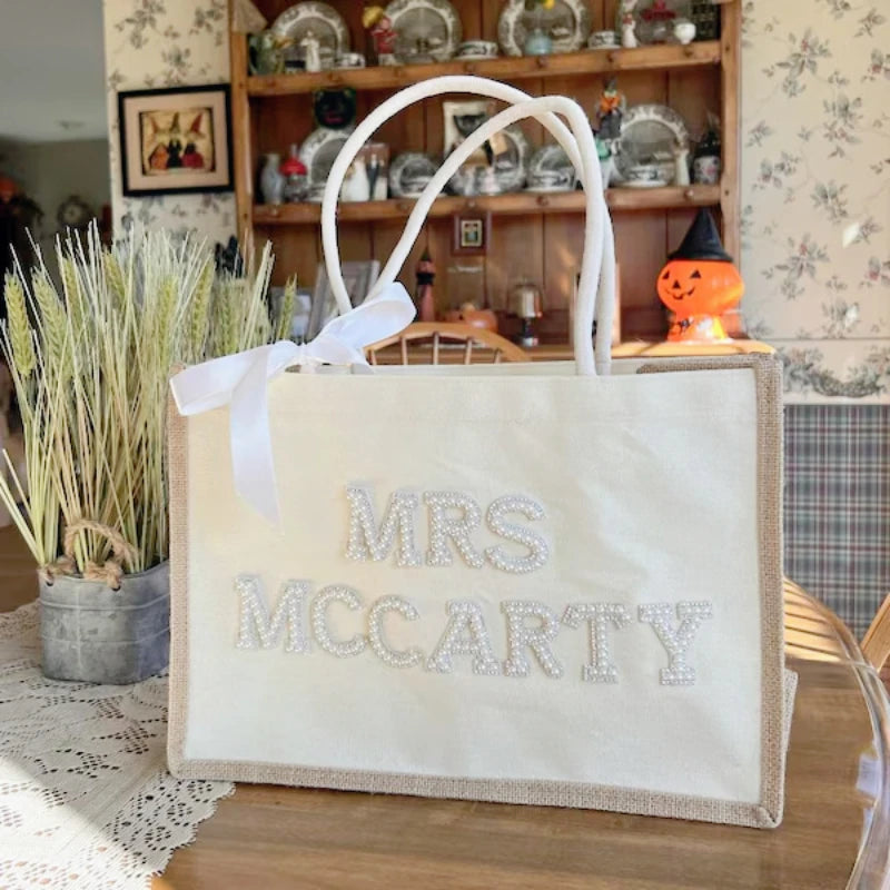 Large Custom Mrs White Pearls Tote Bag with Bow  Bridal Shower Bachelorette Honeymoon Gifts Supplies Bride To Be Accessories