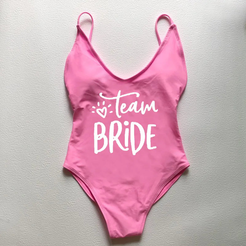 Sexy Padded Swimwear Women Team Bride Love Print One Piece Swimsuit Summer Bathing Suit Bachelor Party Beachwear backless bikini