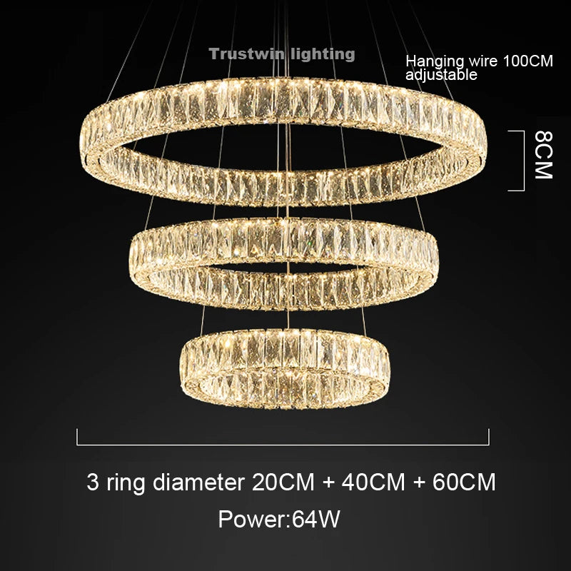 Round Crystal Chandelier Light LED Indoor Modern 40 60 80 100CM Circular Ring Hanging Lamp for Living Dinning Room Bedroom